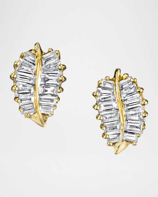 18K Yellow Gold Small Diamond Palm Leaf Stud Earrings